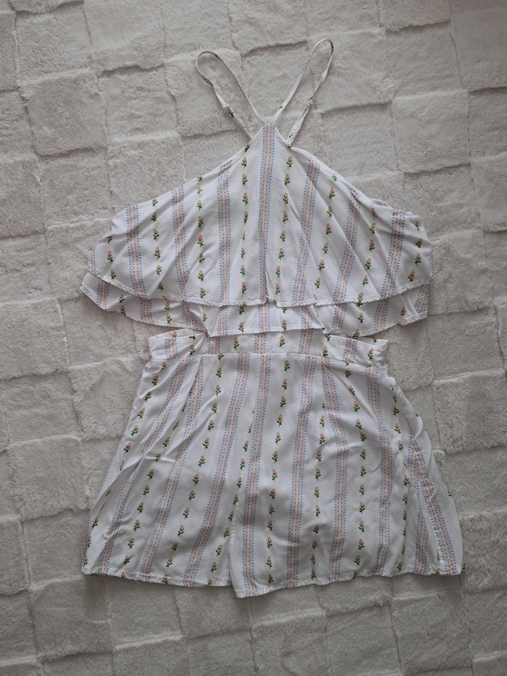 White Halter Neck Floral Stripe Ruffle Romper